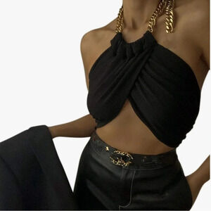 Sexy Crop Top Metal Chain Halter Wrap Cropped  for Club Party Festival